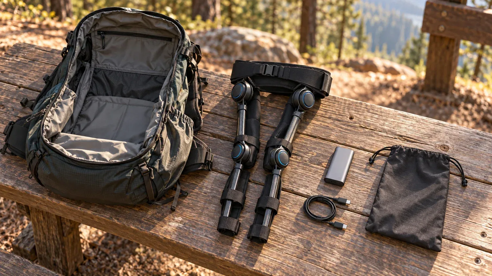 Original editorial rendering of a folded consumer exoskeleton beside an open hiking pack, battery, cable, and pouch