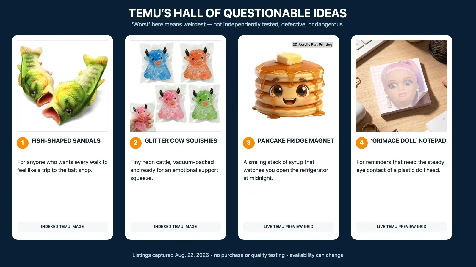 A humorous four-panel gallery of unusual Temu listings: fish-shaped sandals, glitter cow squishies, a pancake fridge magnet, and a doll-face notepad.