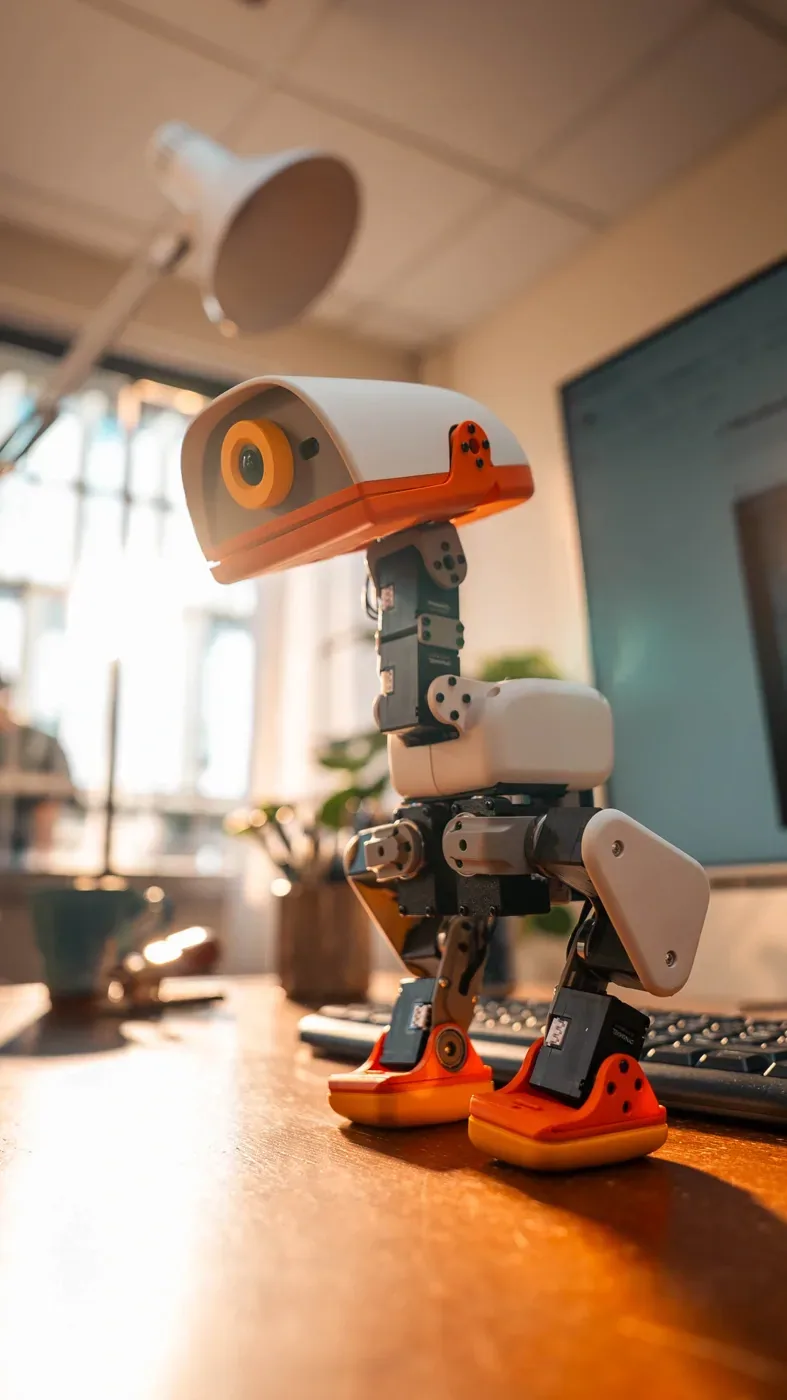 An actual cream and orange Microduck on a desk, showing its camera, articulated neck, motors and two feet.
