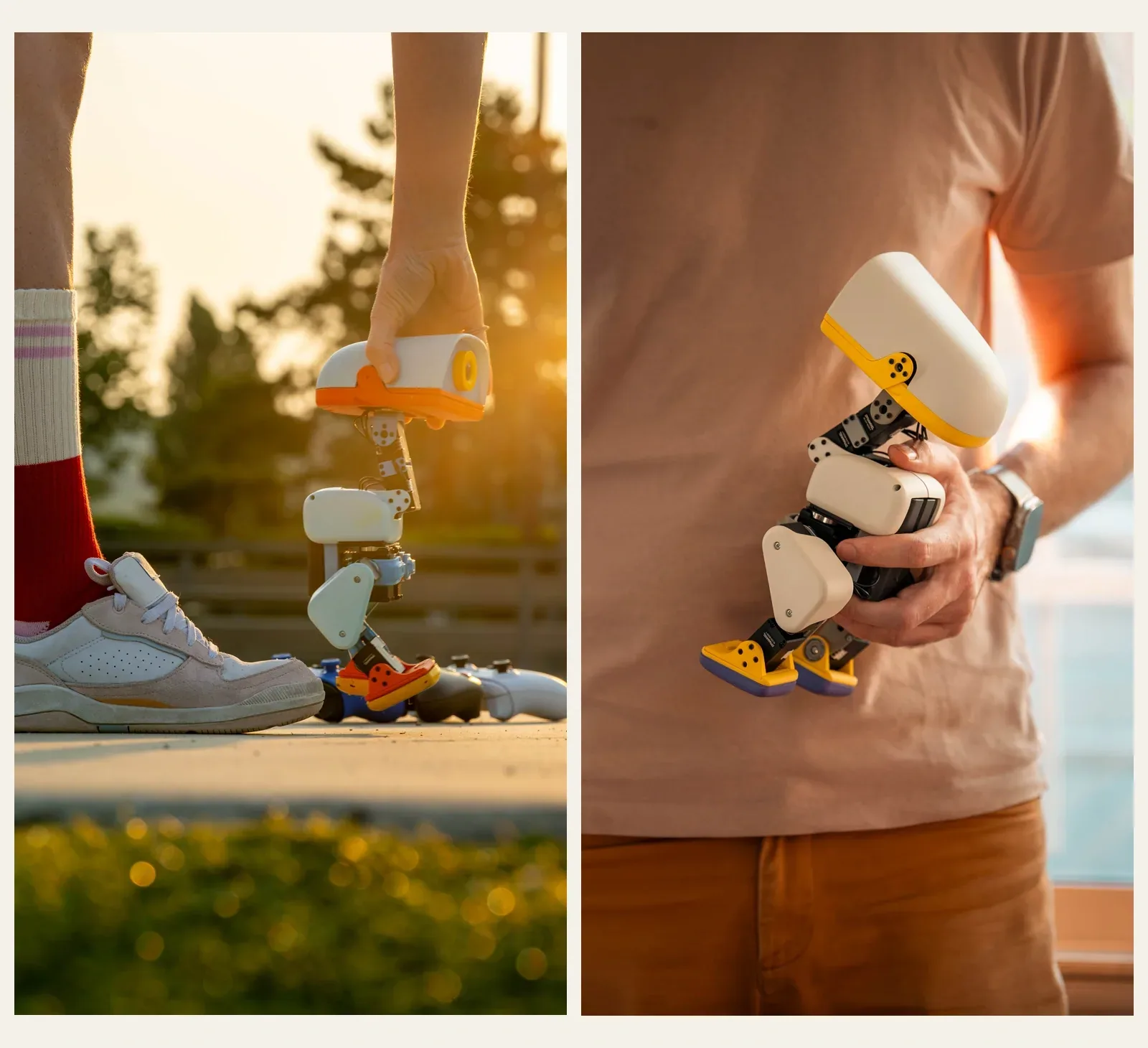 Two official Microduck photographs: a duck beside a person’s sneaker and a duck being carried in one hand.