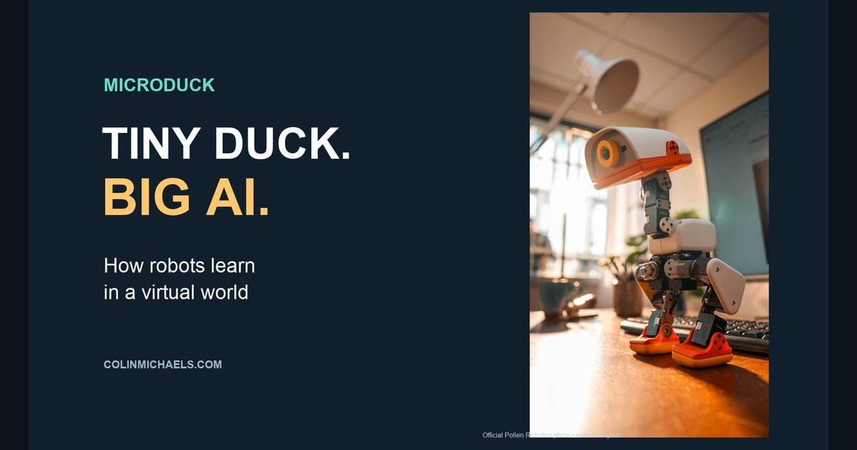 An actual cream and orange Microduck on a desk, showing its camera, articulated neck, motors and two feet.