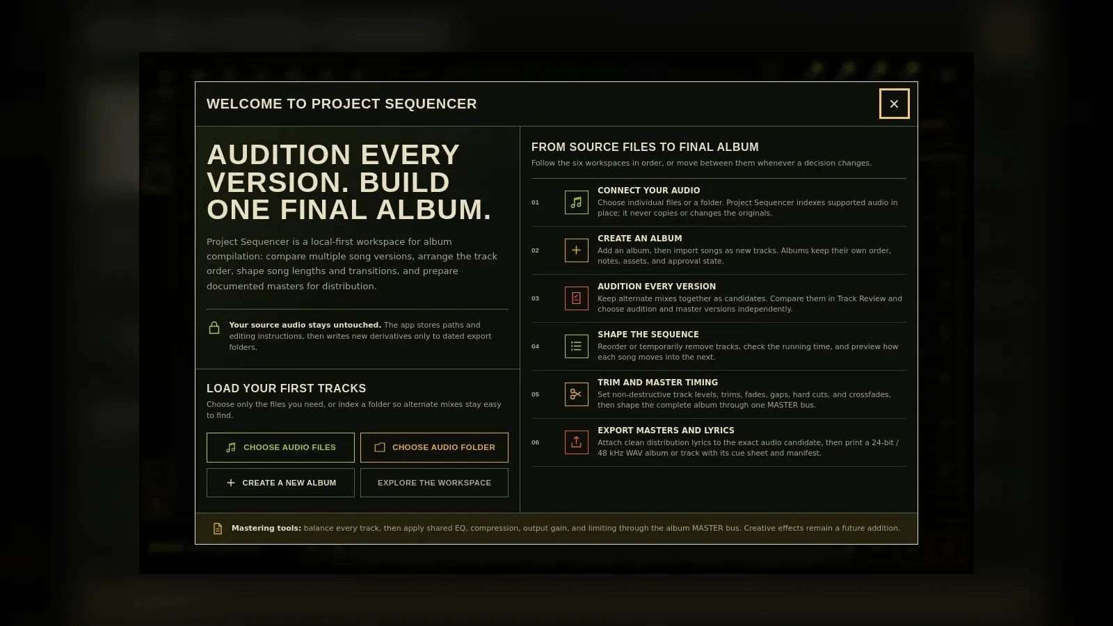 The Project Sequencer welcome screen showing the six-step path from organizing an album to exporting documented masters and lyrics.