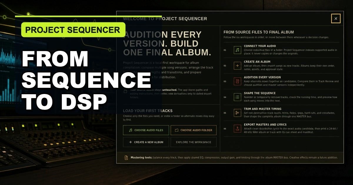 The Project Sequencer welcome screen showing the six-step path from organizing an album to exporting documented masters and lyrics.