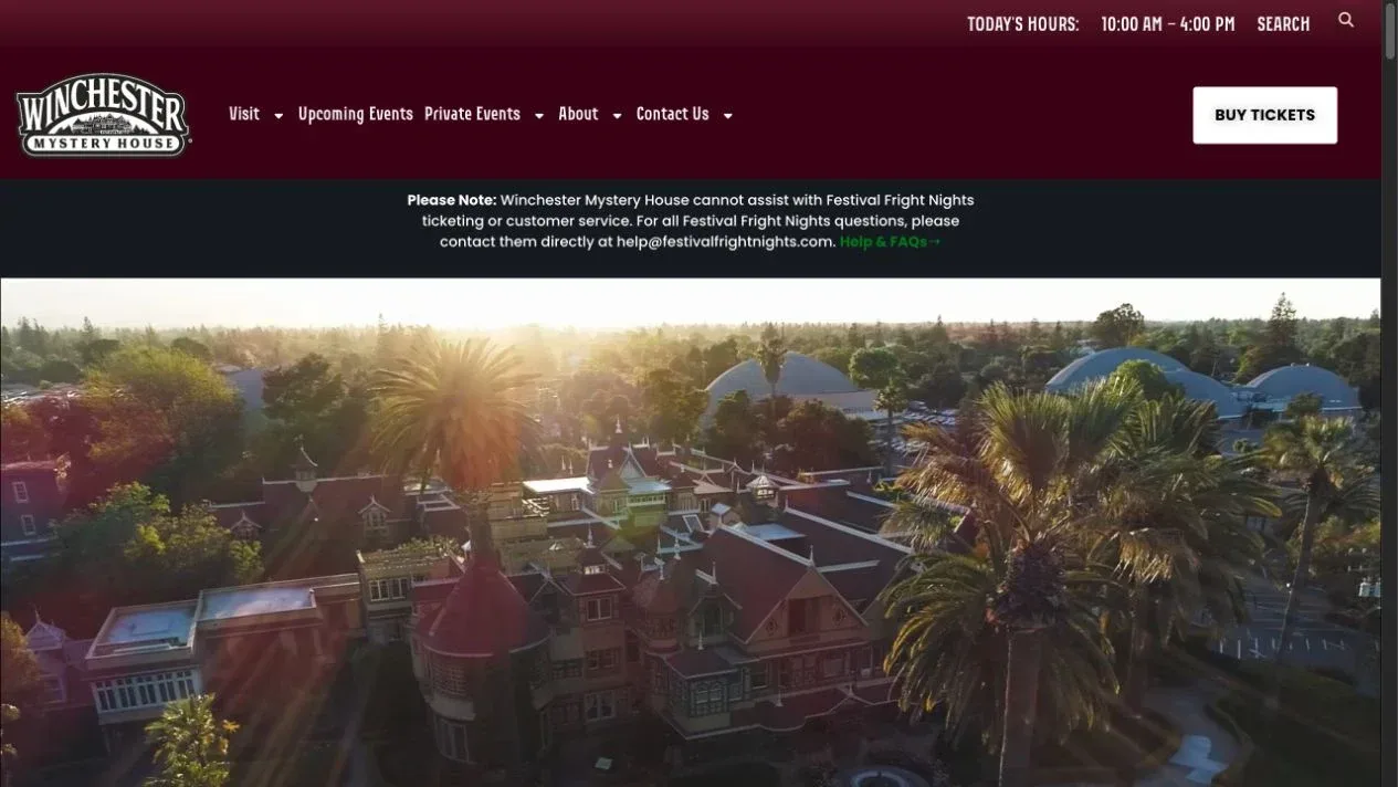 Official Winchester Mystery House site and mansion aerial.