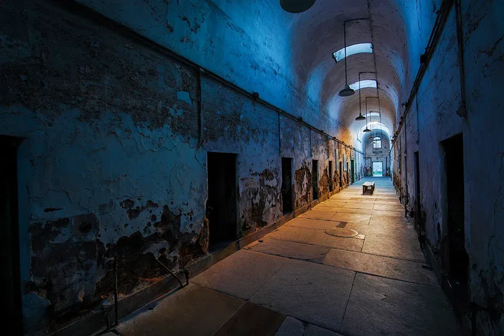 Historic Eastern State Penitentiary cellblock corridor