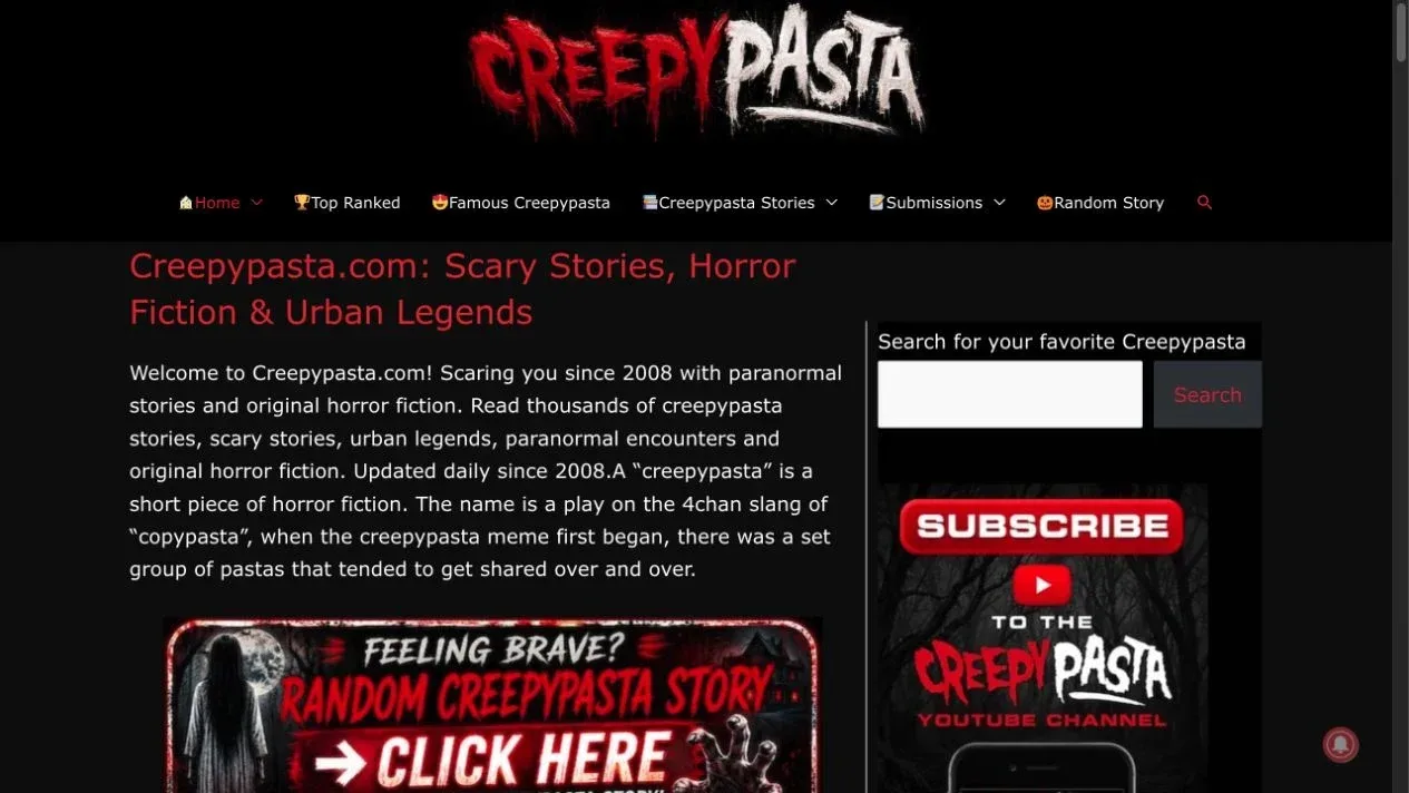 Creepypasta story-library homepage.