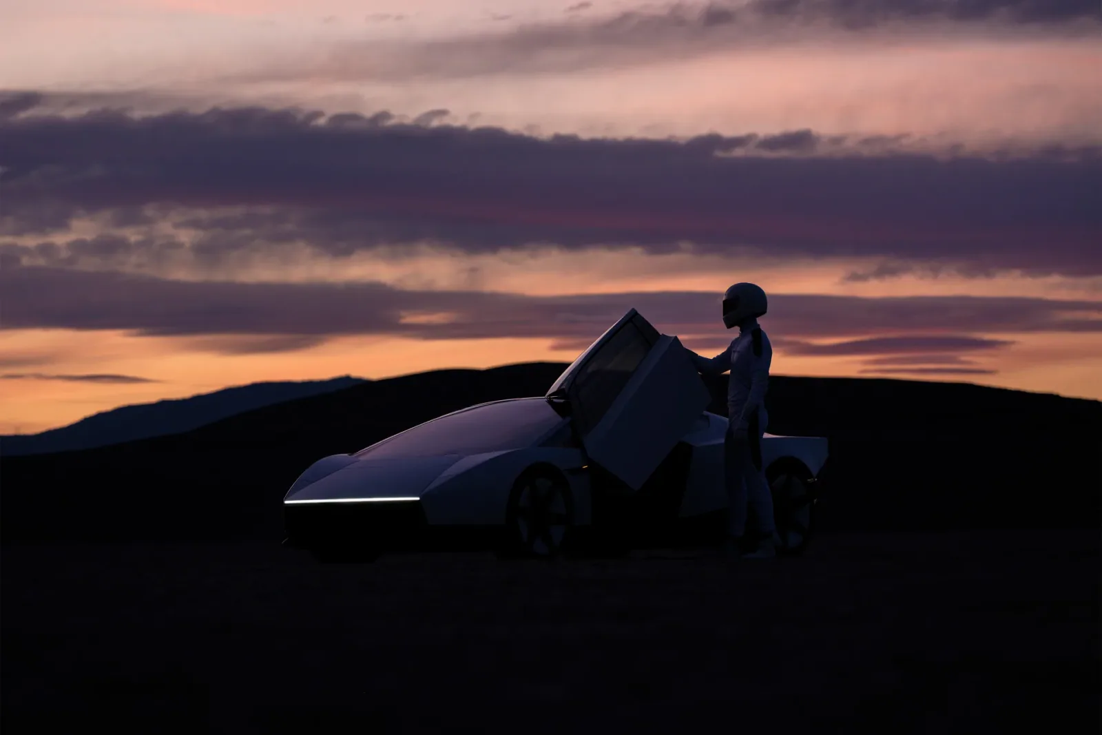 Roadster and a suited figure silhouetted against a sunset.
