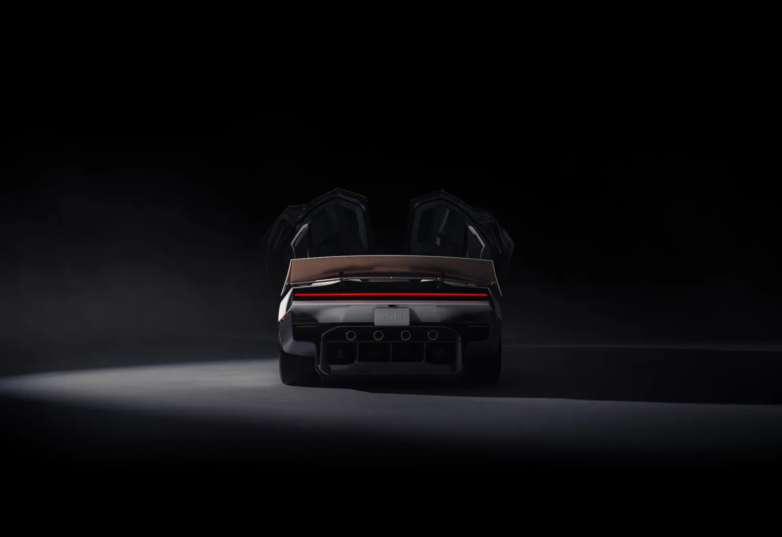 Straight-on rear studio view with the wing raised.