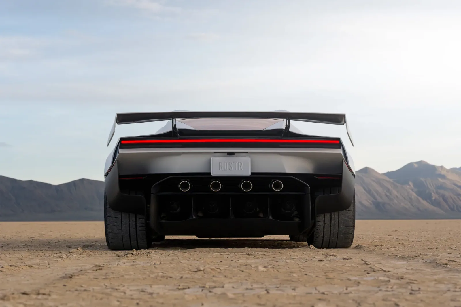 Straight-on rear view showing the wing and lower rear hardware.