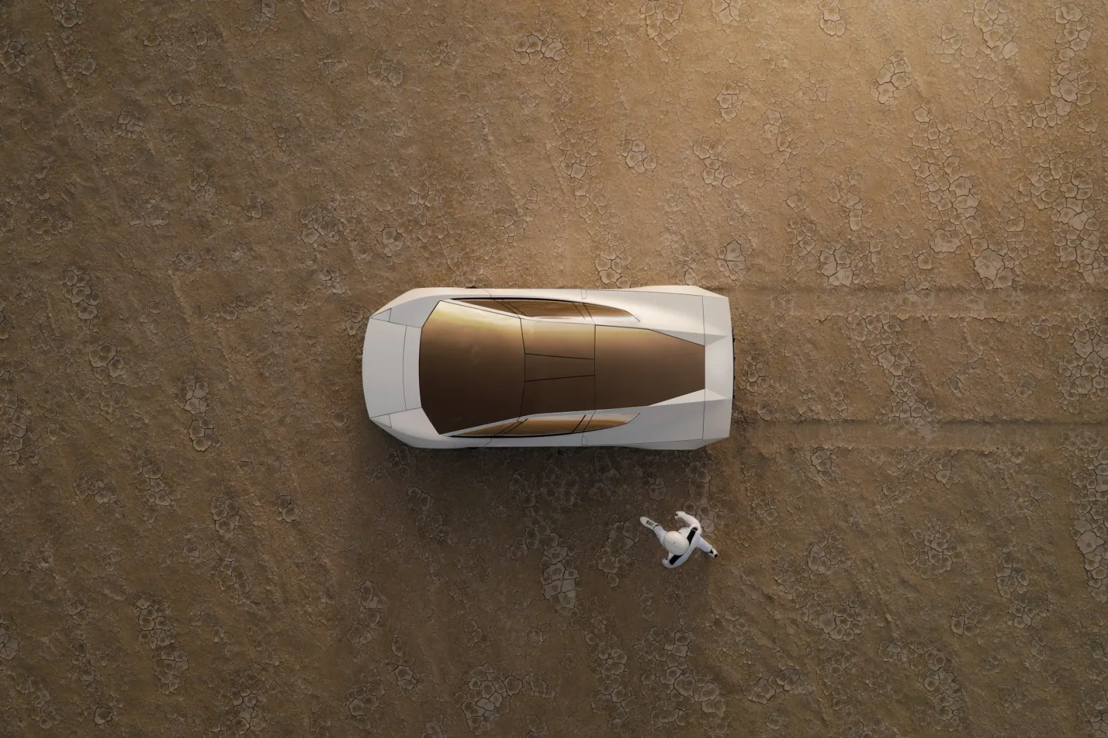 Overhead view of Roadster and a suited figure on open terrain.
