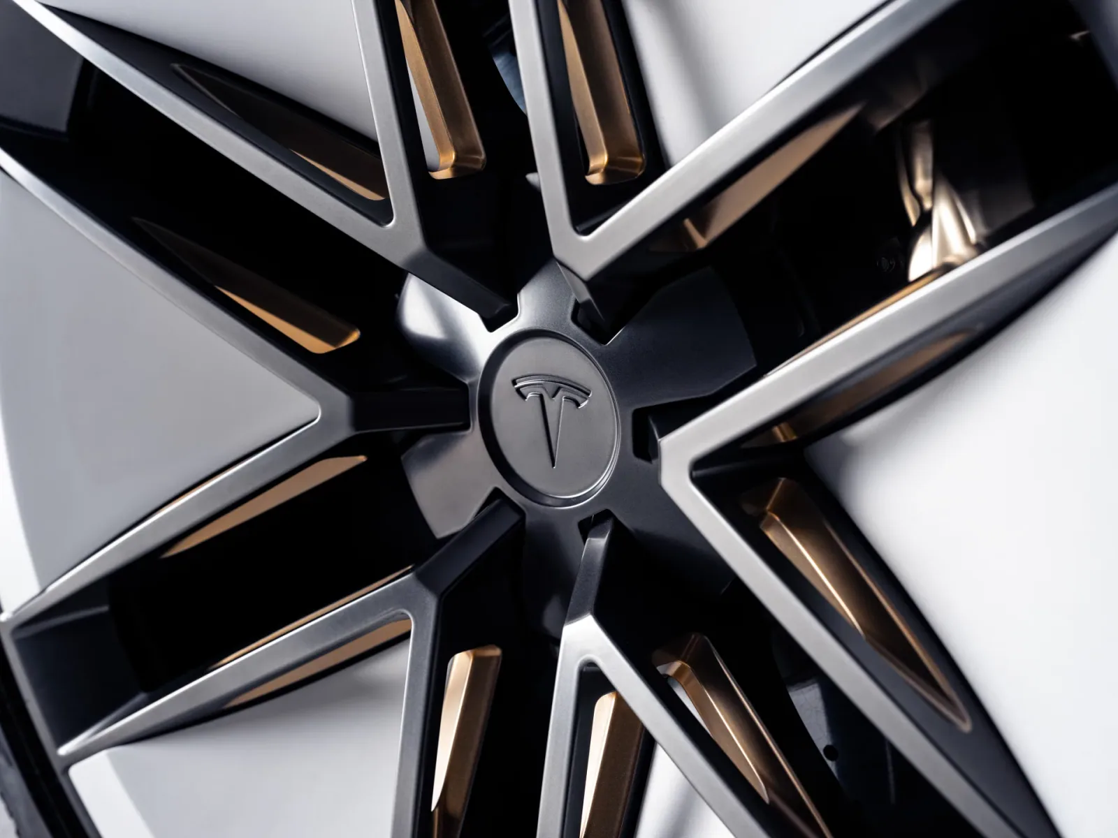 Close-up of the wheel spokes and Tesla center cap.