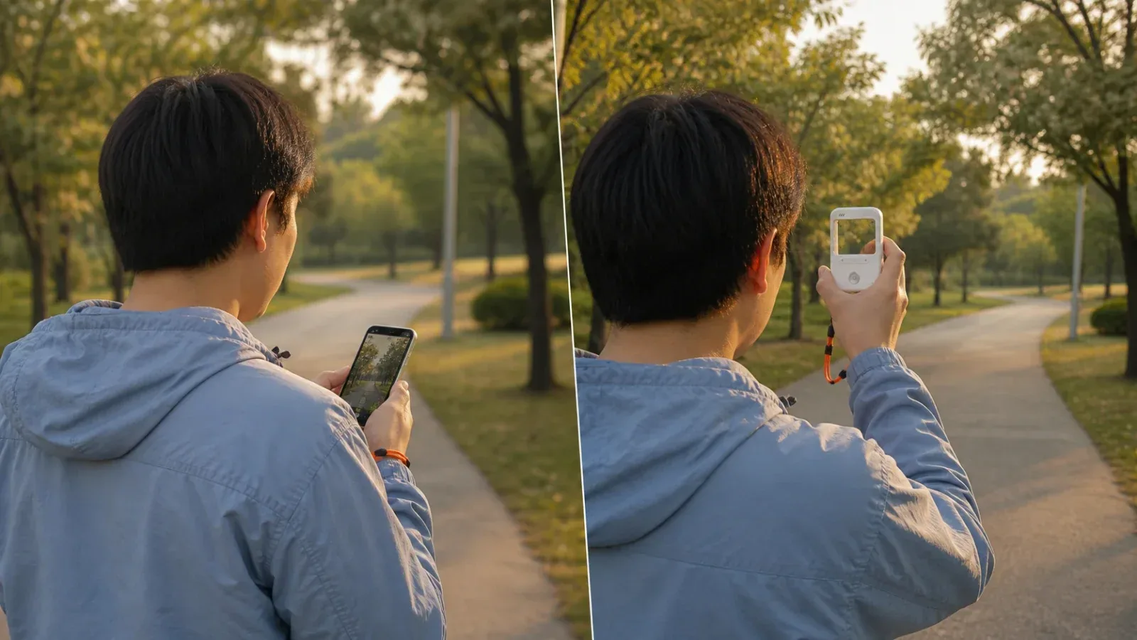 Split photo-walk scene comparing a person reviewing a phone with a person looking through the transparent Godox C100 at the park ahead.
