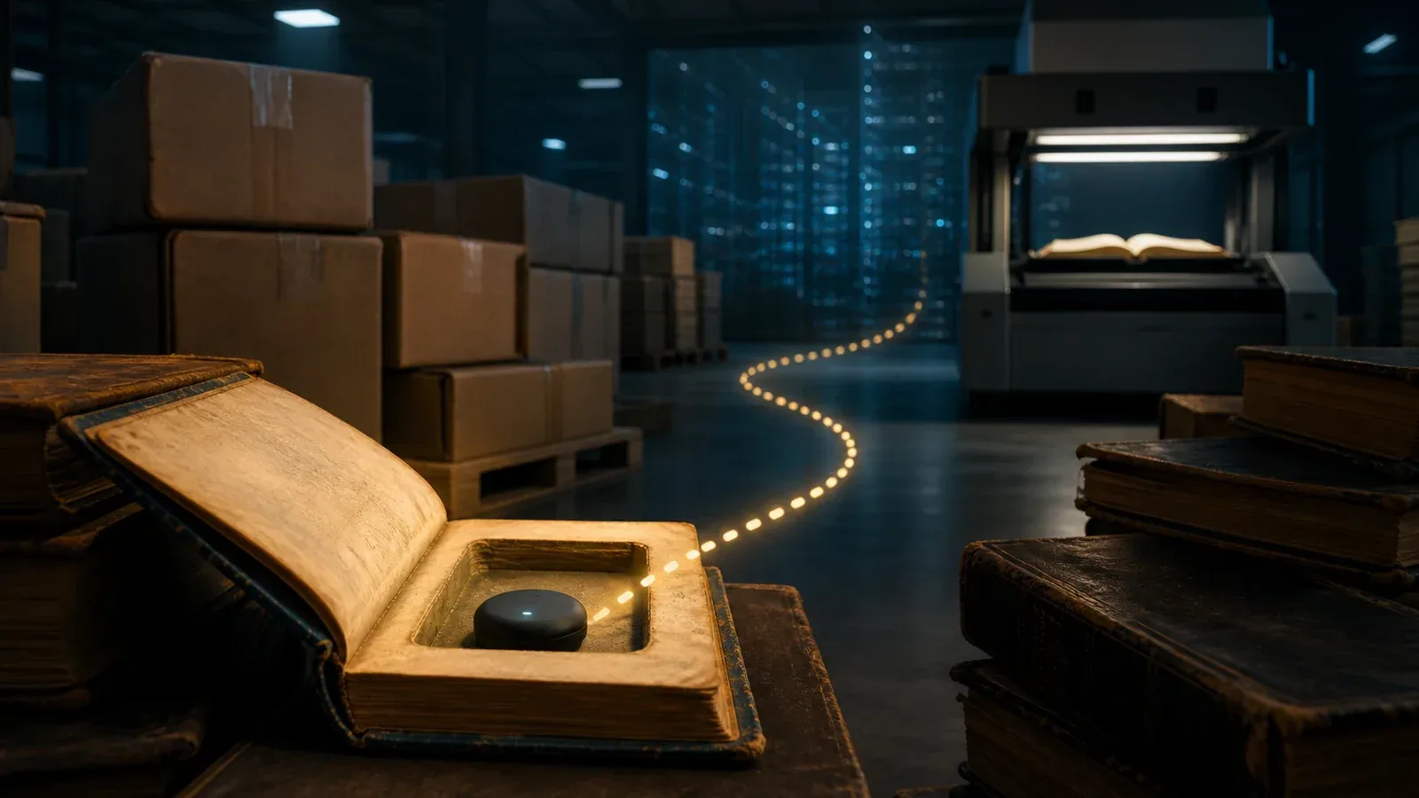 Editorial concept art of a tracked rare book shipment leading toward an industrial book scanner.