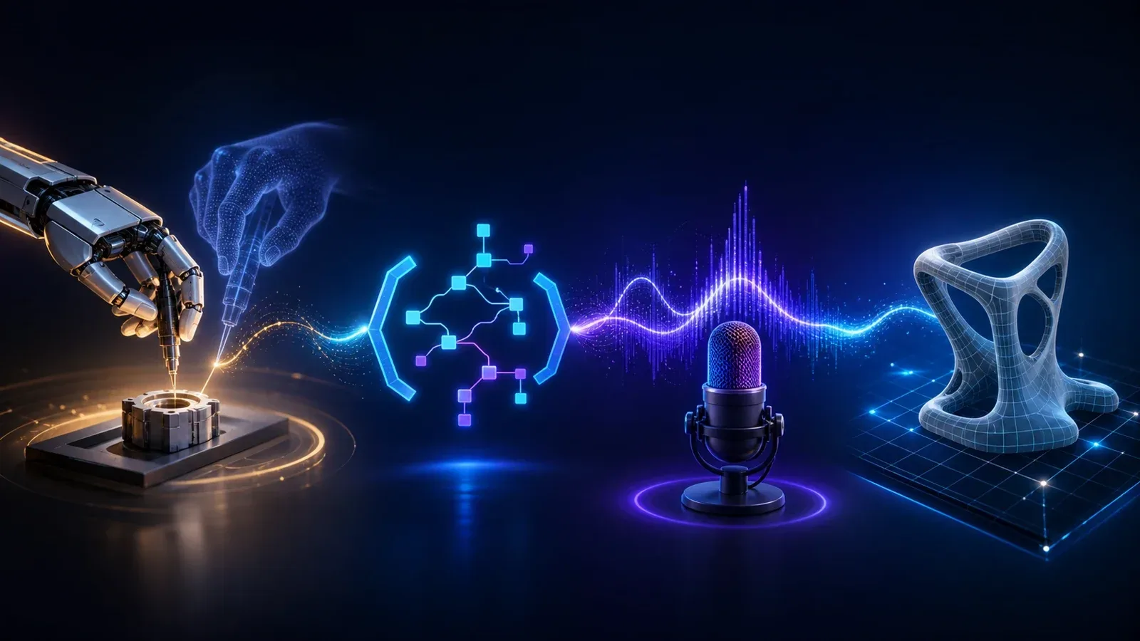 Editorial illustration combining robot learning, coding logic, conversational audio, and 3D generation.