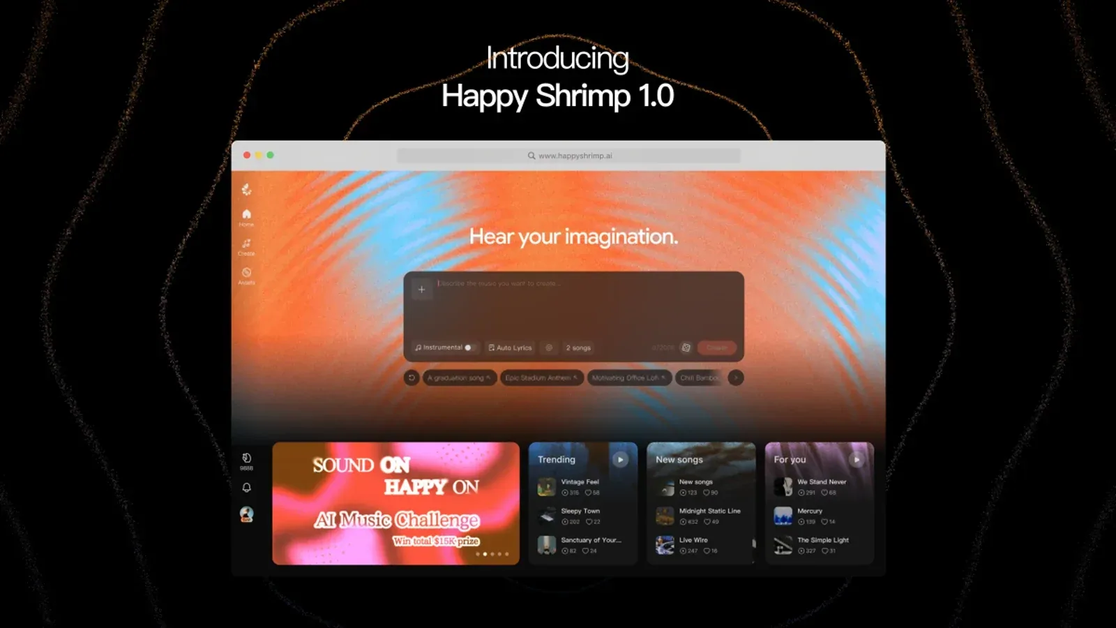 Official HappyShrimp 1.0 beta launch image showing its music-generation interface.
