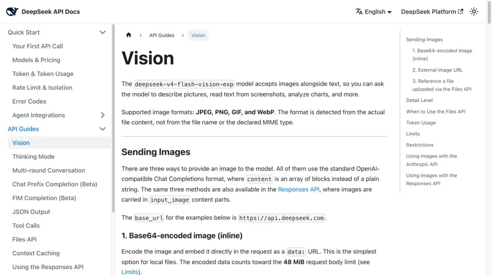 Screenshot of DeepSeek's official Vision API documentation showing the deepseek-v4-flash-vision-exp model and supported image formats.