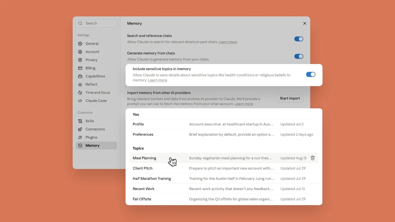 Official Anthropic product image showing Claude's Memory settings, topic files, editing controls, and sensitive-topic option.