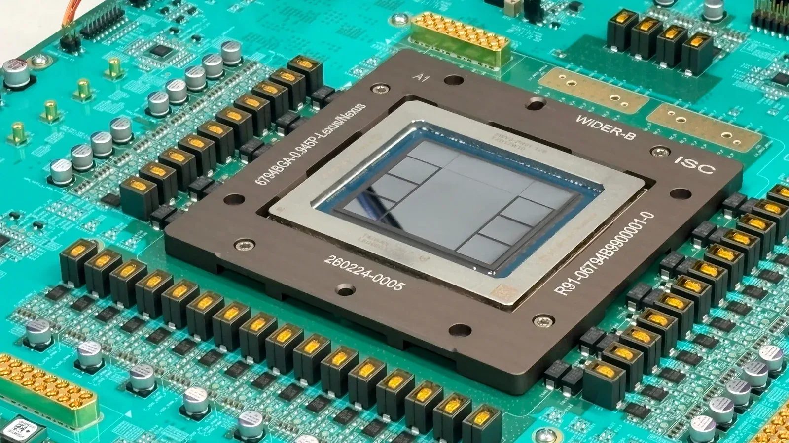 Official OpenAI photograph of the Jalapeño inference chip mounted on a teal circuit board.