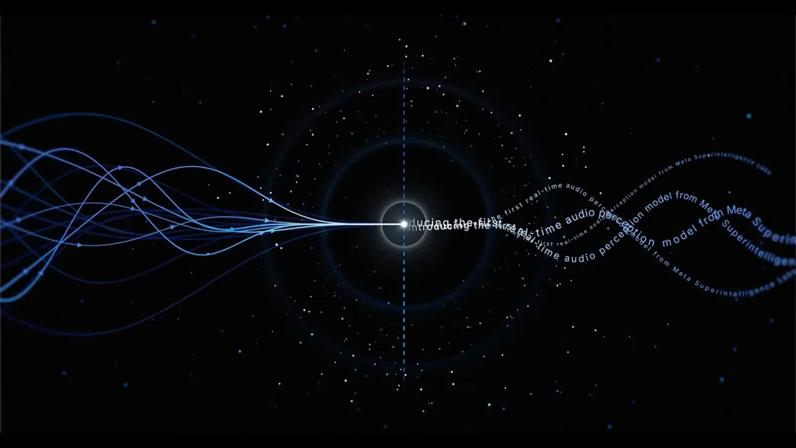 Official Meta AI Research artwork visualizing live audio flowing into Muse Voice Transcribe and emerging as transcription text.