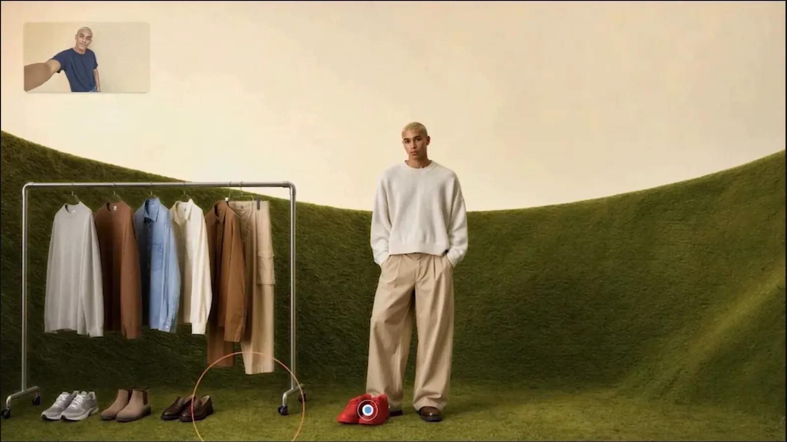 Still frame from Runway’s Solaris demonstration showing a generated virtual clothing store interface with garments, shoes, and a person in the scene.