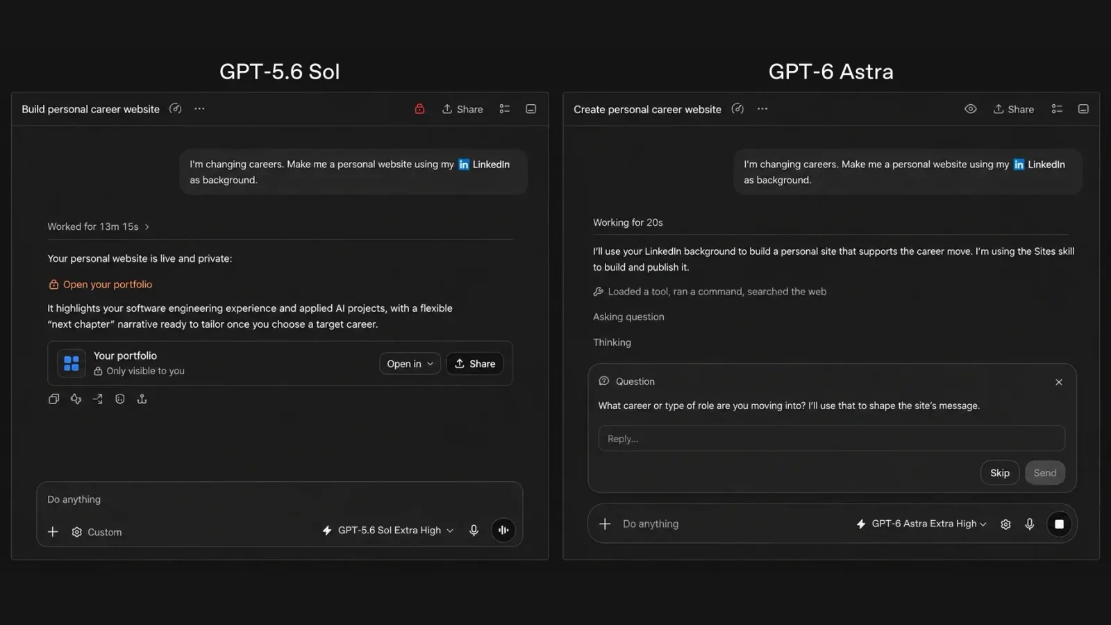 Official OpenAI side-by-side app example showing GPT-5.6 Sol completing a career website and GPT-6 Astra pausing to ask which career the user is moving into.