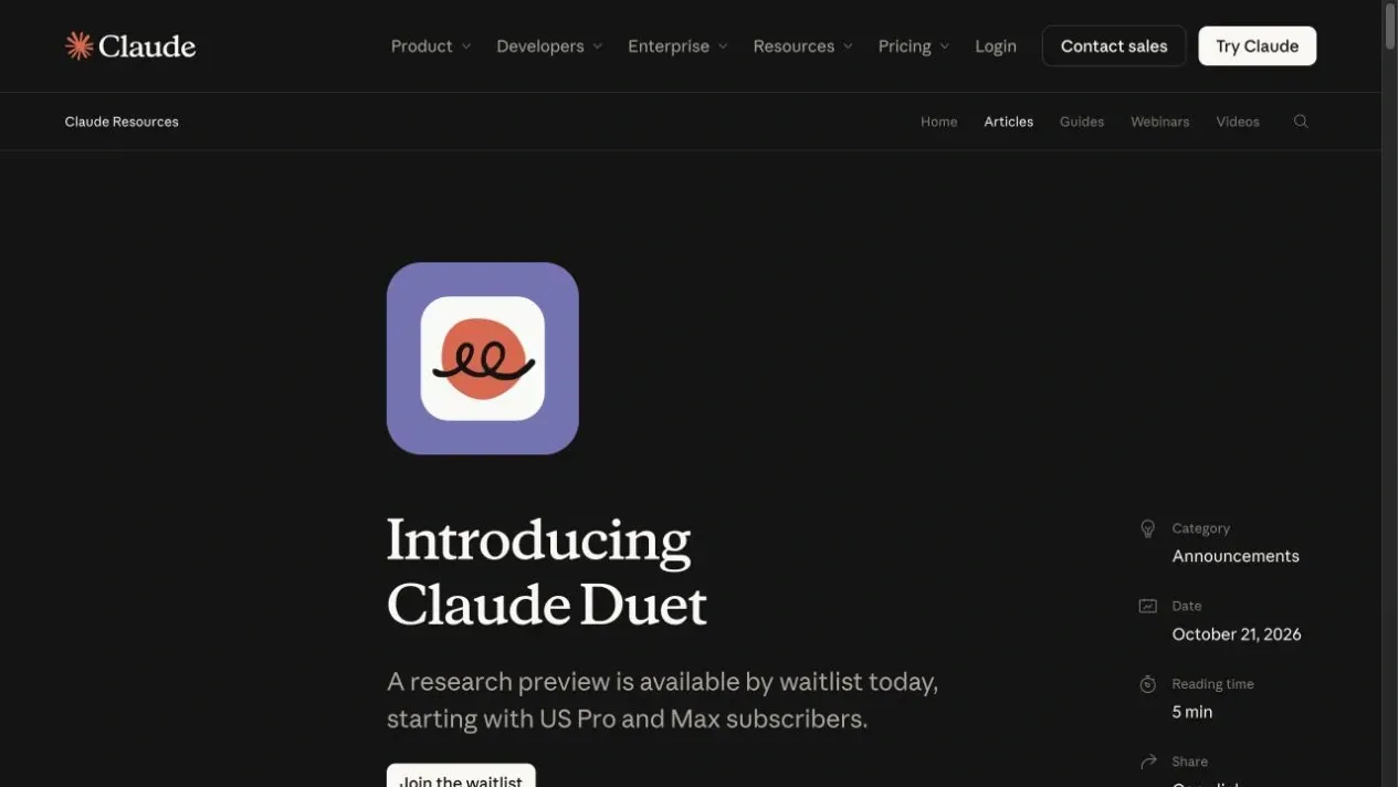 Claude Duet announcement showing the research preview and waitlist access