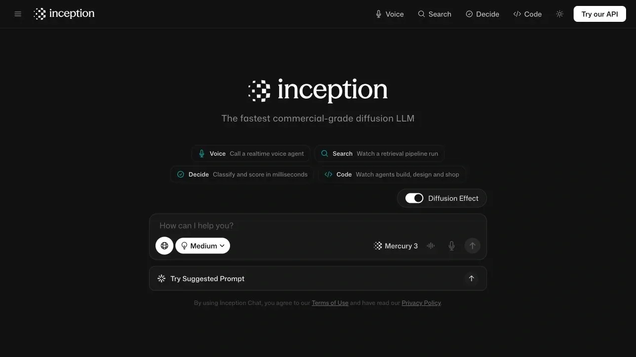 Mercury 3 chat interface with voice, search, decide, and code playground links
