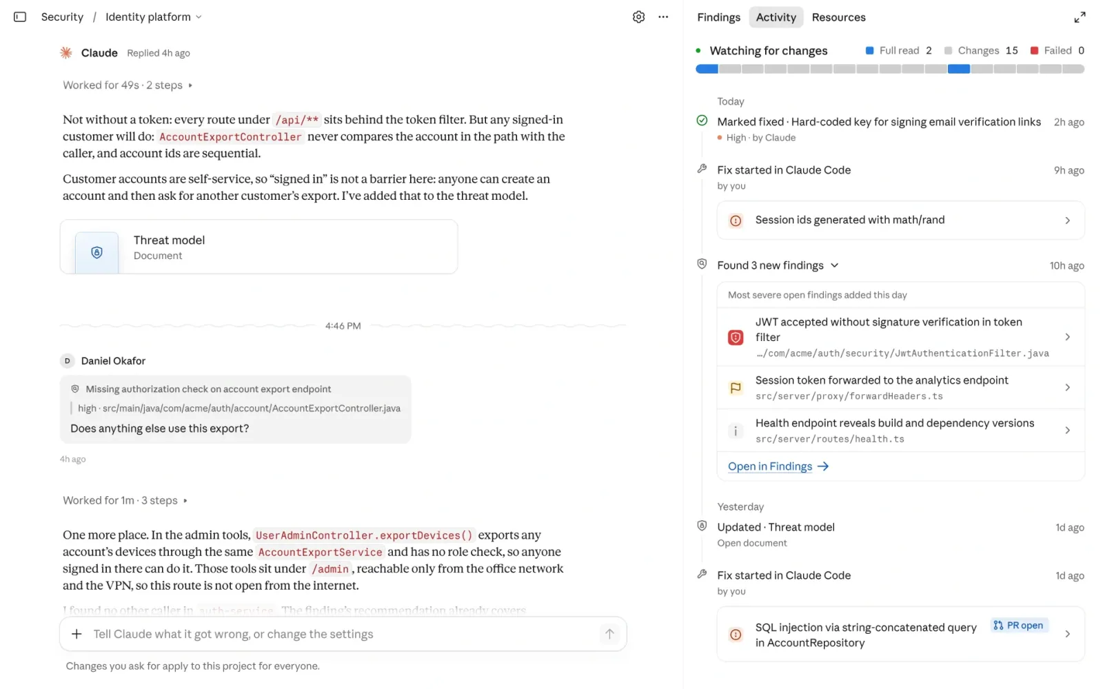 Claude Security activity view showing continuous monitoring, new findings, and fixed issues