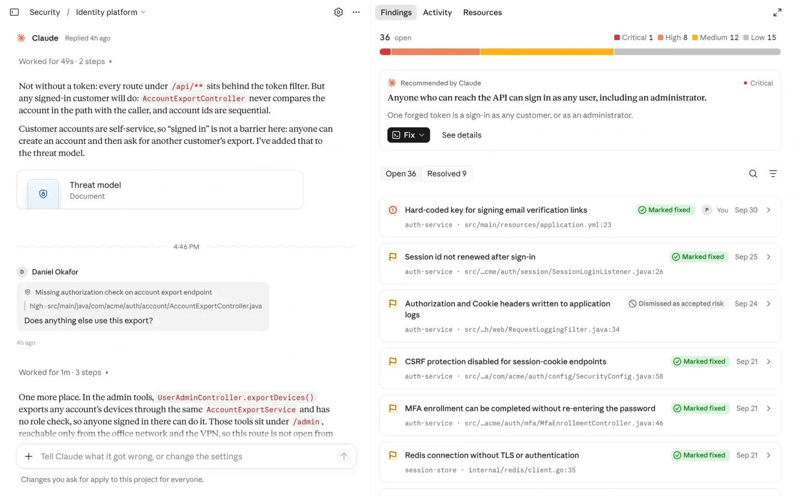 Claude Security product example showing how security findings and fixes are tracked