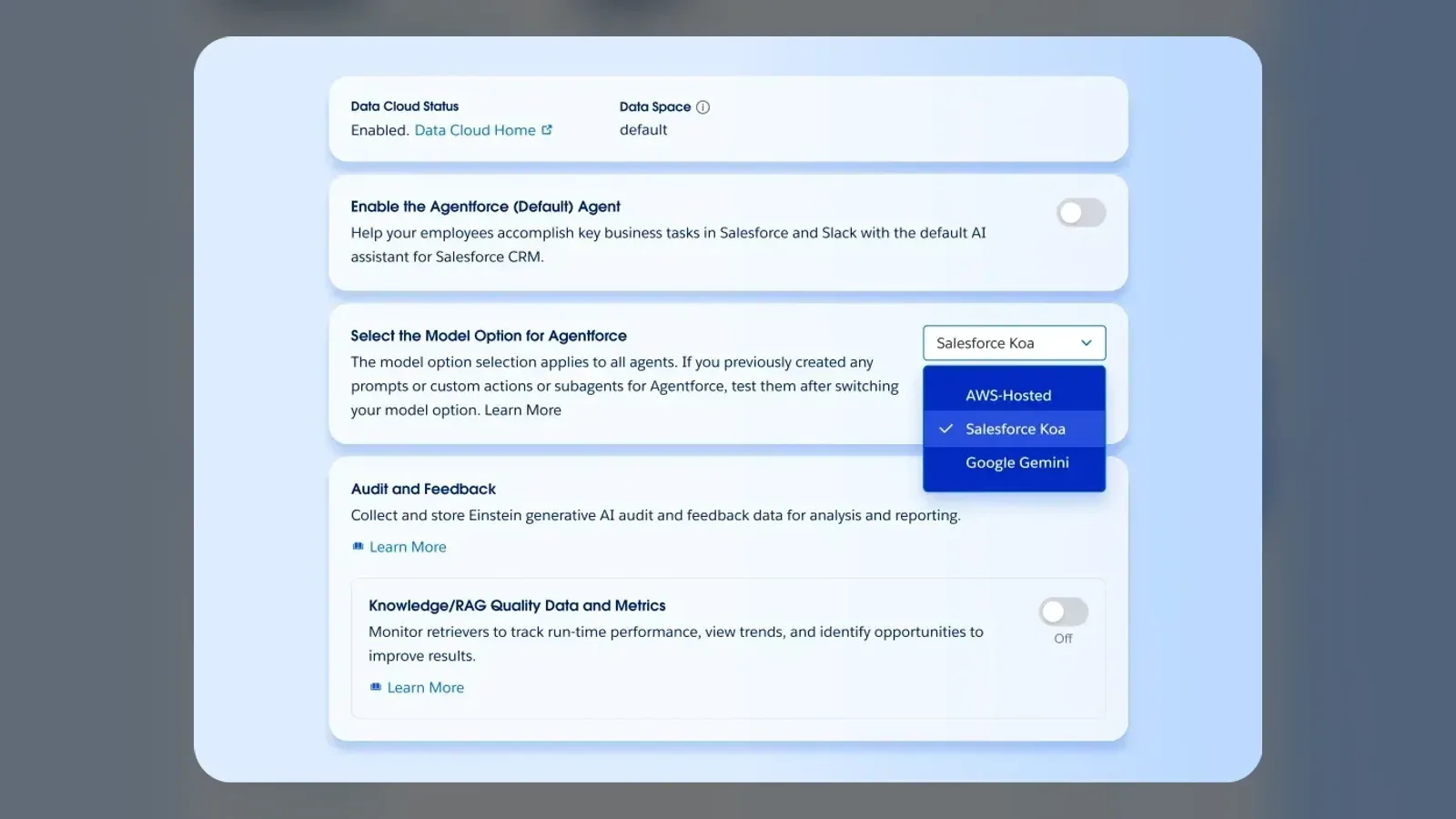 Salesforce Agentforce settings showing Salesforce Koa selected as the model option for an agent.