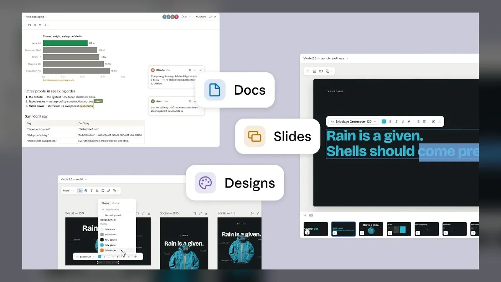 Anthropic product montage showing Claude Docs, Slides, and Design workspaces connected to one project.