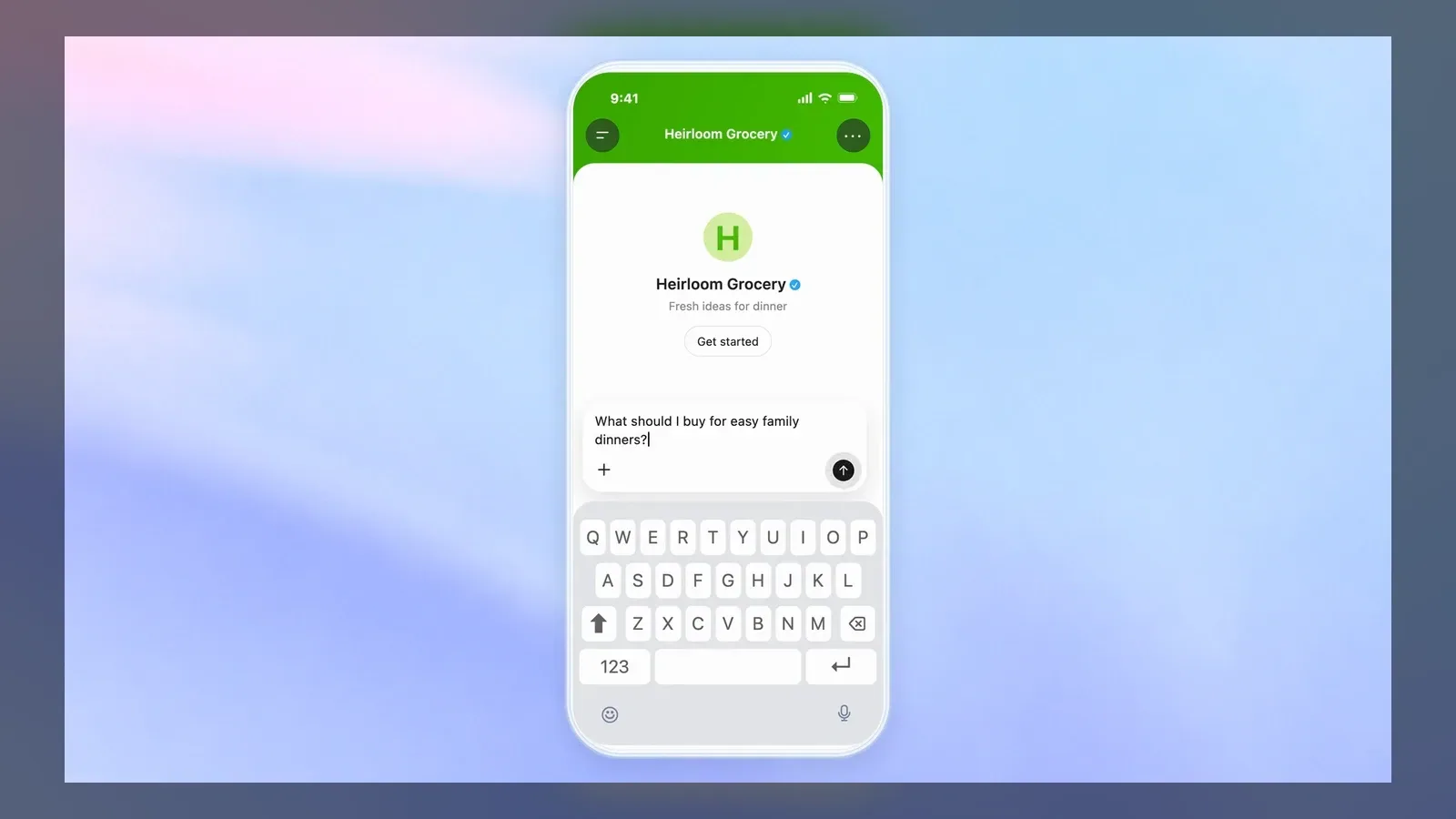 OpenAI Sponsored Agents demo showing a Heirloom Grocery business agent inside a ChatGPT-style mobile conversation.