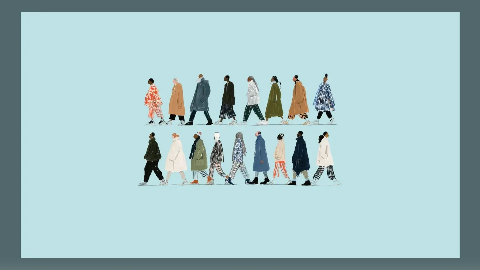 Microsoft AI illustration showing a diverse group of people moving in opposite directions against a pale blue background.