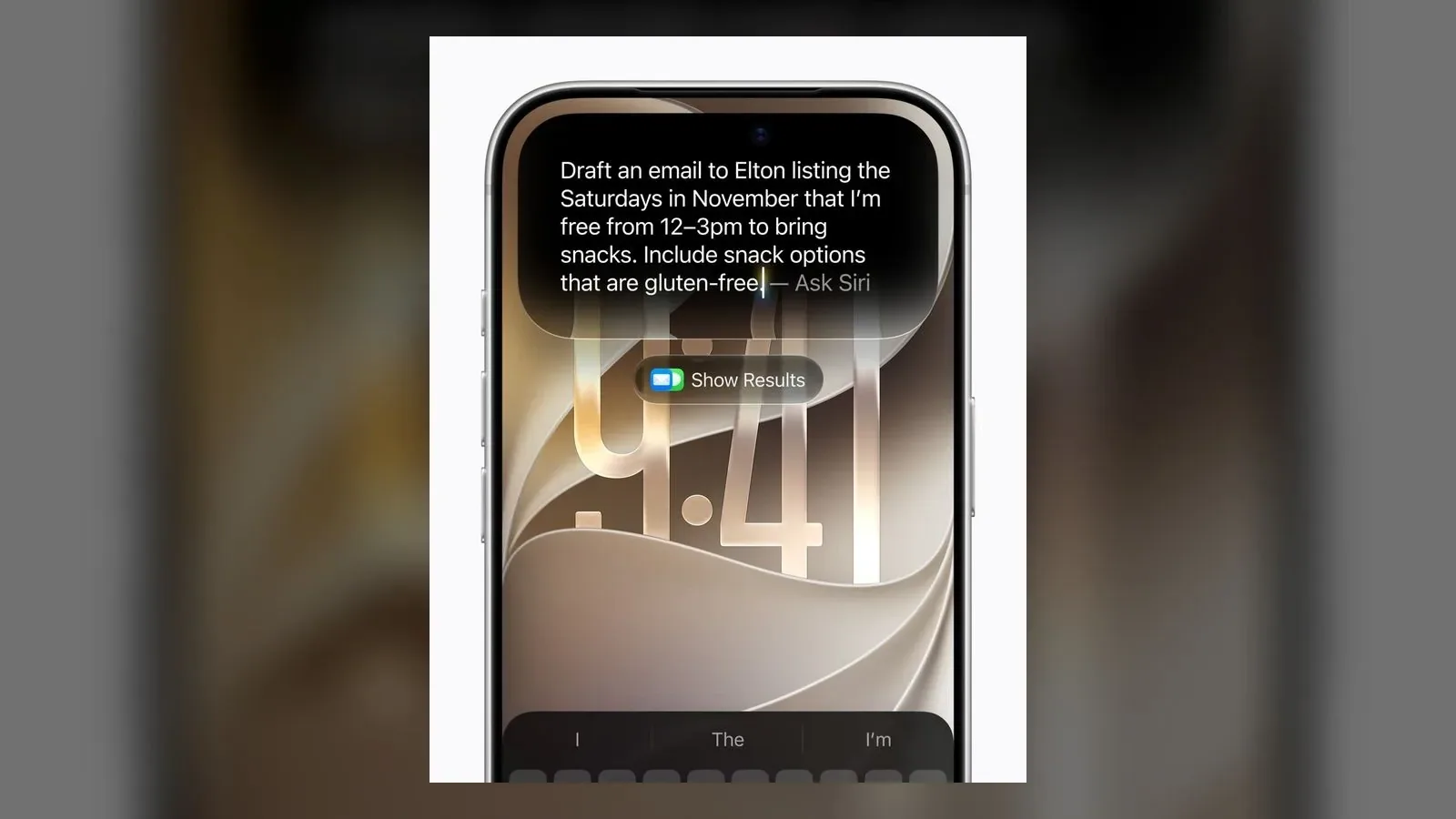 Apple press image showing Siri AI drafting an email by combining calendar availability with a personal request.