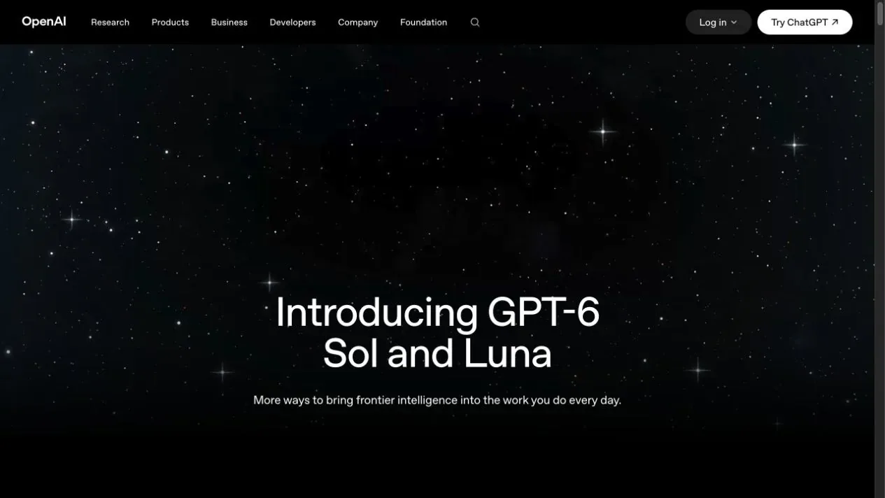 OpenAI launch page showing the GPT-6 Sol and Luna headline over a star-field background.