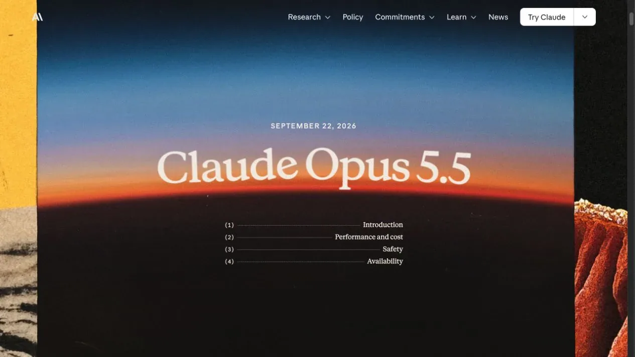 Anthropic launch page displaying Claude Opus 5.5 and the September 22, 2026 date.
