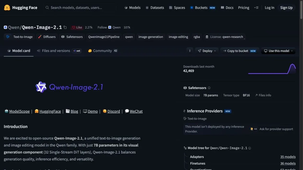 Official Qwen-Image-2.1 Hugging Face model page showing downloadable-model tabs and the qwen-research license badge.