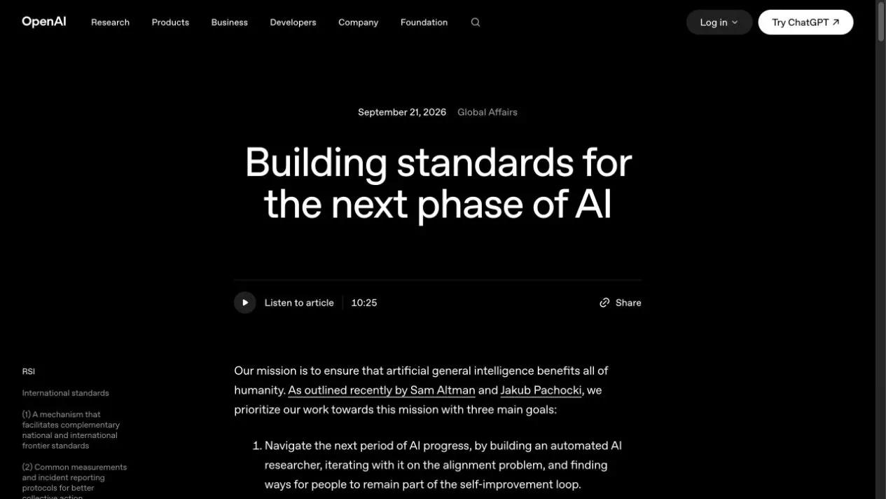 OpenAI policy page titled Building standards for the next phase of AI, dated September 21, 2026.