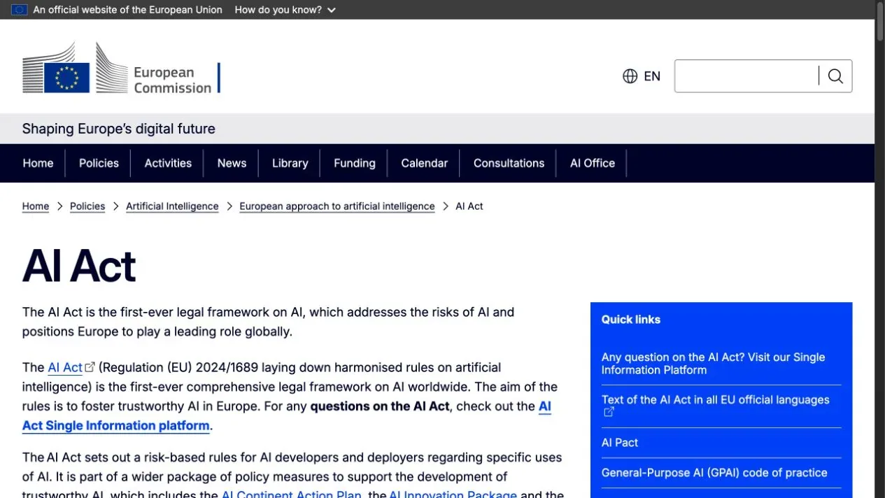 European Commission official AI Act overview showing the framework introduction and links to implementation resources.