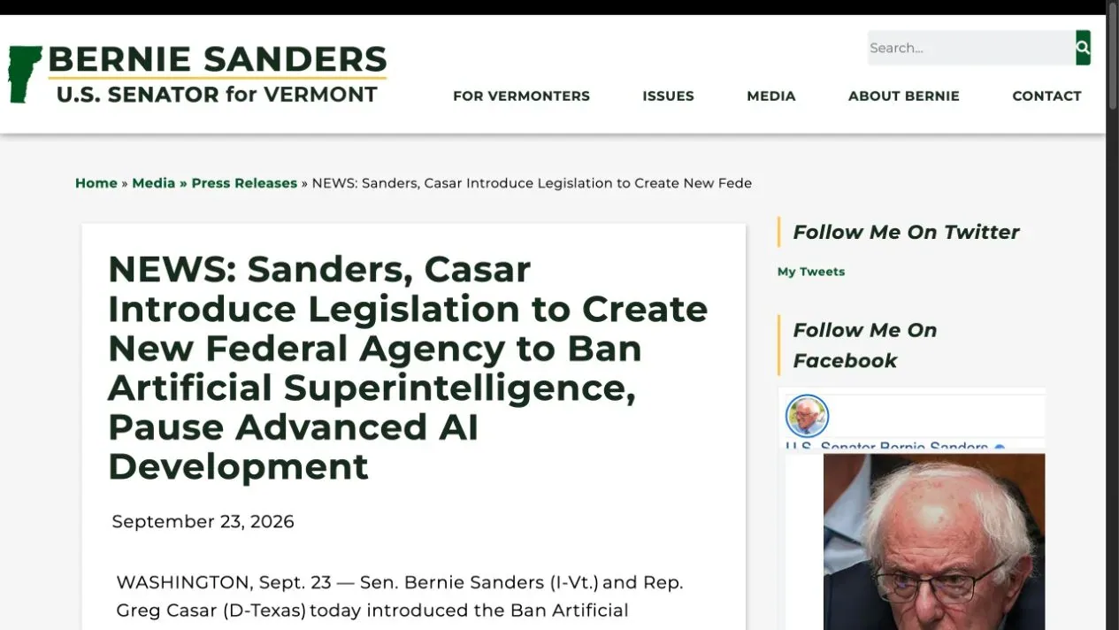 Senator Sanders official website announcing the proposed federal AI agency and superintelligence ban on September 23, 2026.