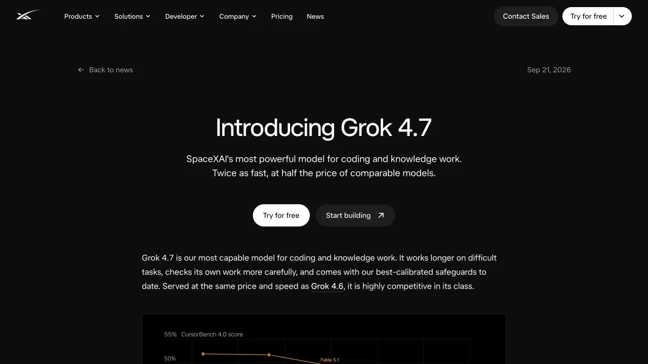 SpaceXAI announcement for Grok 4.7 with its launch date and introductory marketing claims.