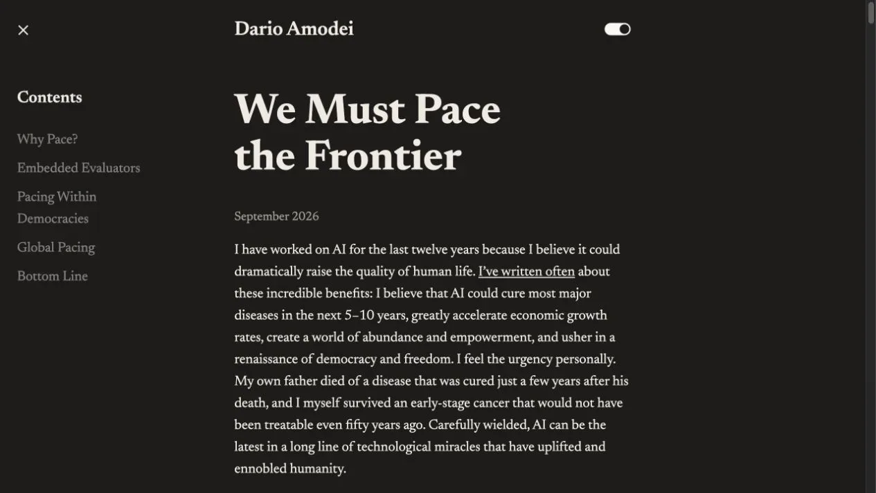 Dario Amodei website displaying We Must Pace the Frontier, dated September 2026, with a policy contents list.