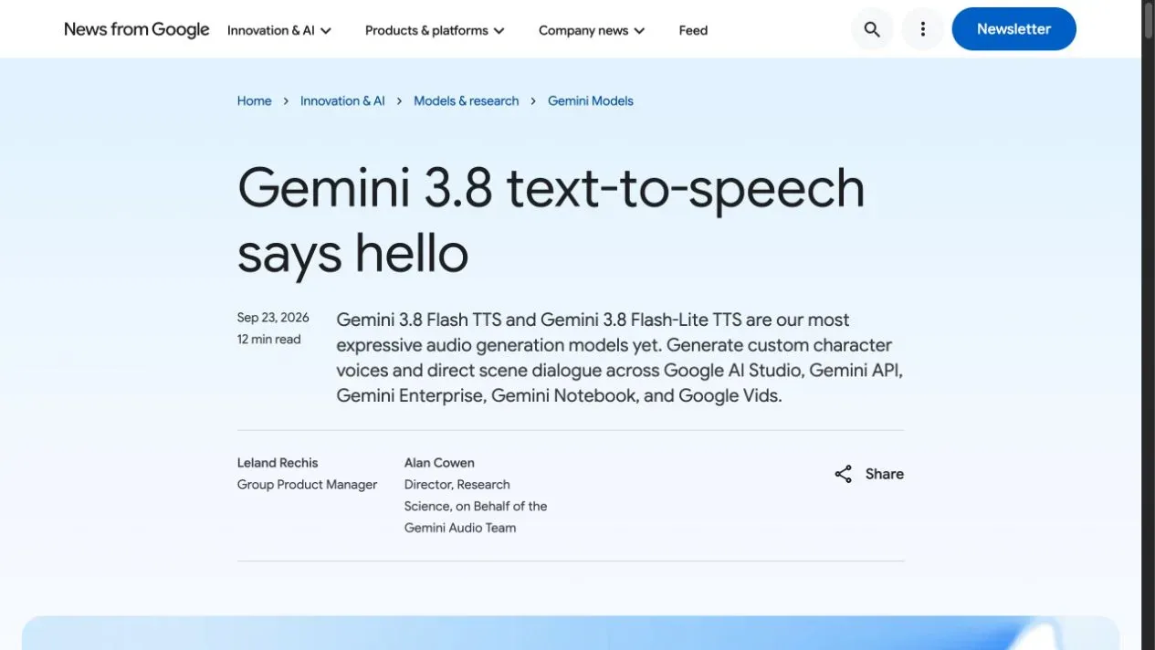 Google announcement headed Gemini 3.8 text-to-speech says hello, dated September 23, 2026.
