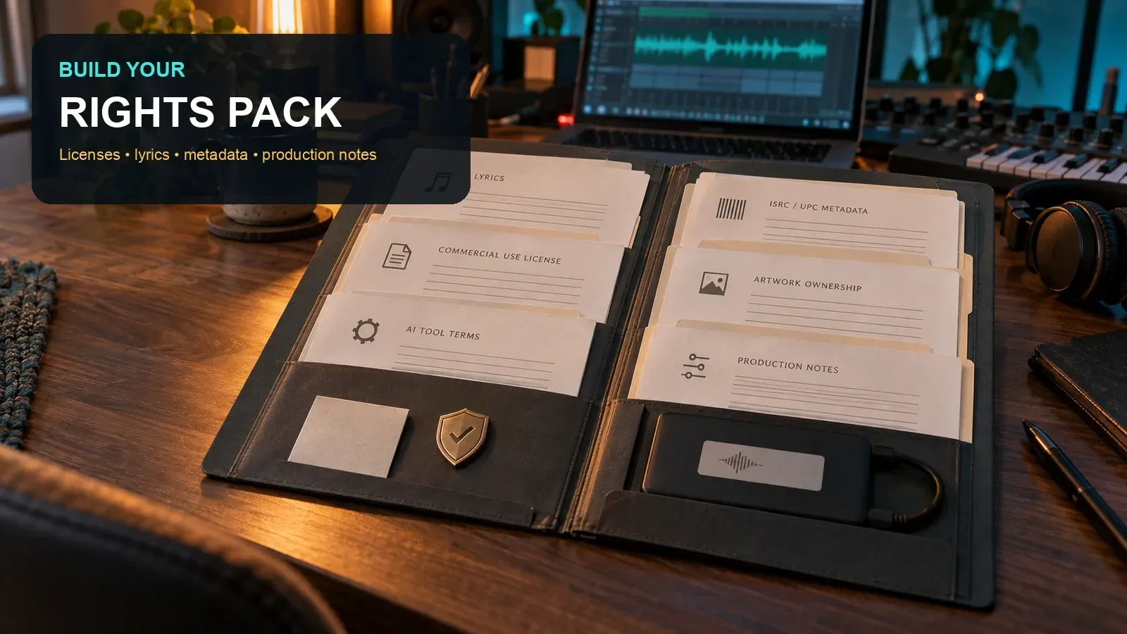 An organized AI-music rights folder containing licenses, lyrics, metadata, artwork ownership records, and production notes on a home-studio desk.