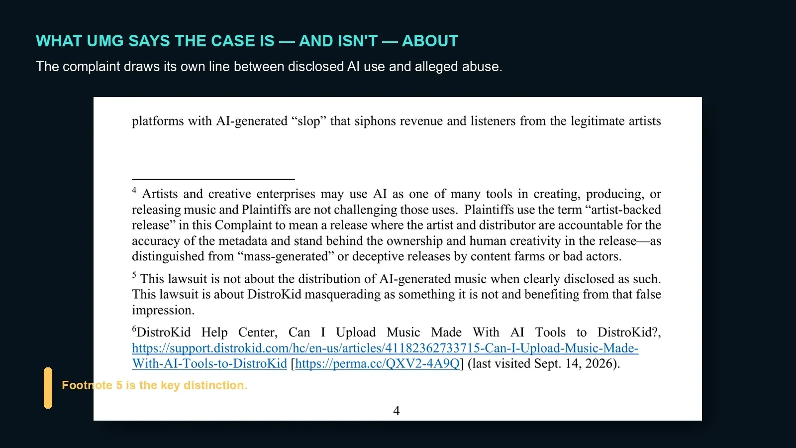 An excerpt from page 4 of UMG's complaint explaining that the plaintiffs are not challenging clearly disclosed AI-generated music as such.