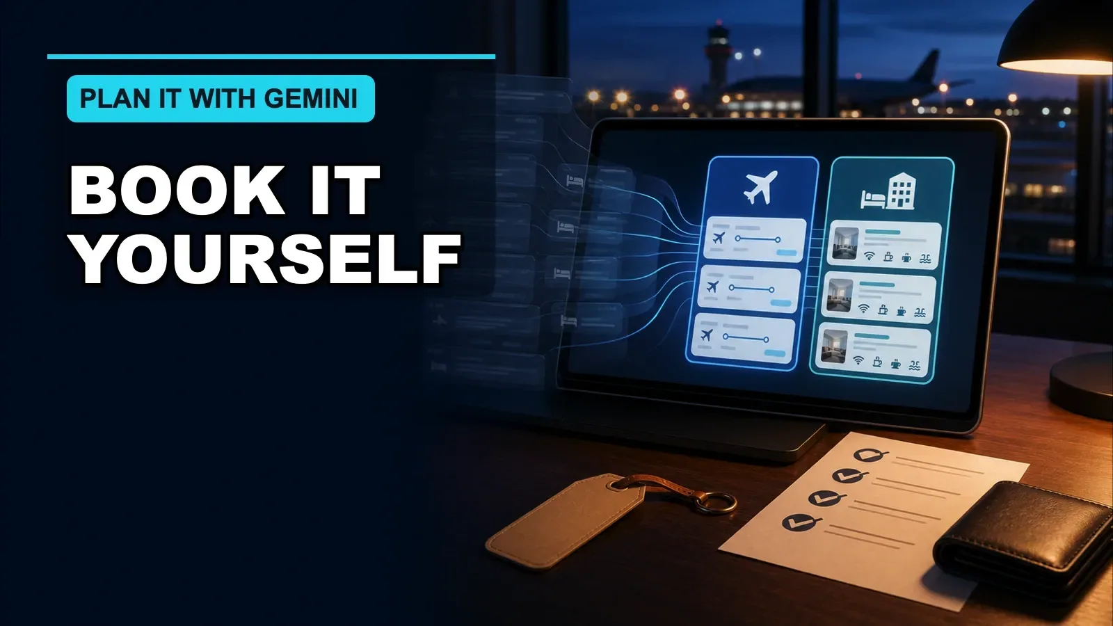 Four-stage travel planning workflow: ask Gemini, compare a short list, verify on provider pages, then book it yourself.