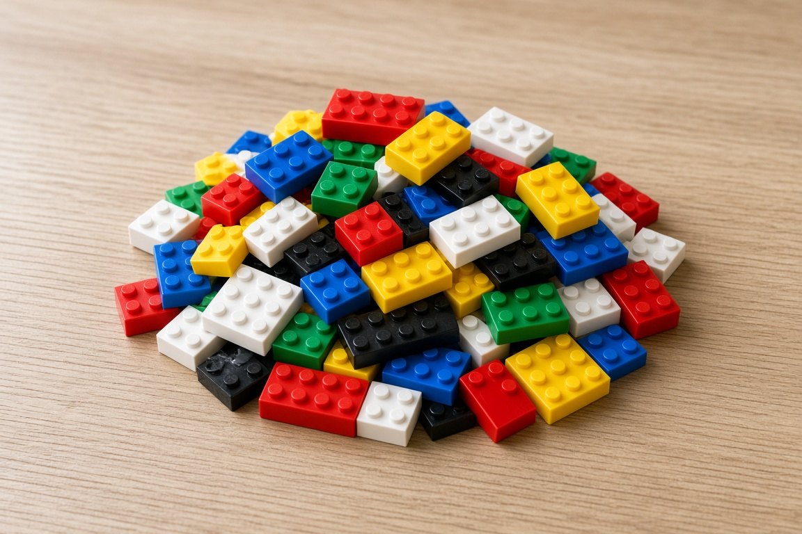 A pile of colorful interlocking plastic building bricks on a light wooden table