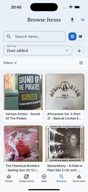 The samla.ai Browse Items screen with a searchable grid of cataloged vinyl records