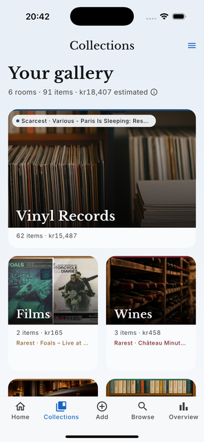 The samla.ai Collections screen titled Your gallery, with rooms for vinyl records, films and wines