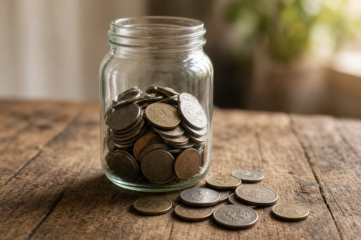 Old coins in a clear glass jar on a wooden table, with a few coins beside it